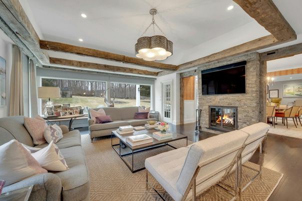 Dining room, Fireplace, Interior, Living room, Pendant Lights, Recessed Lighting, Stone Walls, Wood Texture Flooring