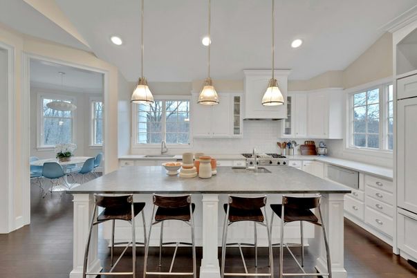 Dining room, Interior, Kitchen, Pendant Lights, Recessed Lighting, Wood Texture Flooring