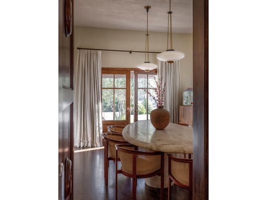 Dining room, Interior, Pendant Lights, Wood Texture Flooring