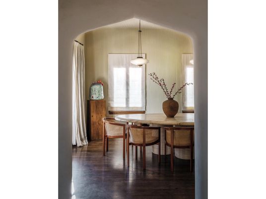 Dining room, Interior, Pendant Lights, Wood Texture Flooring