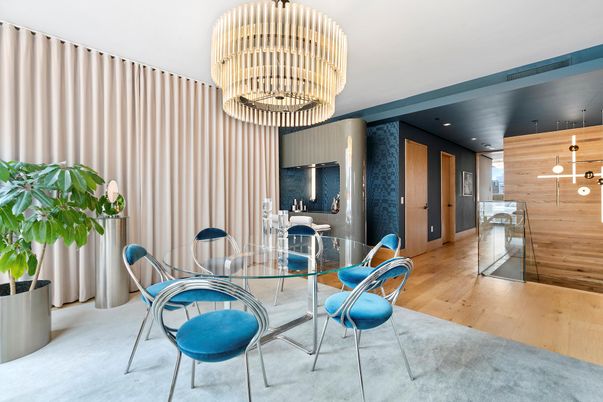 Chandelier, Dining room, Interior, Kitchen, Pendant Lights, Recessed Lighting, Wood Texture Flooring, Wooden Walls