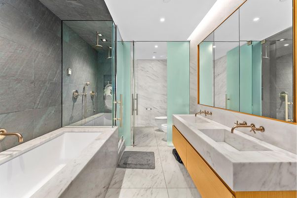Bathroom, Dual Sink Vanities, Glass Shower, Interior, Marble, Marble Walls, Recessed Lighting