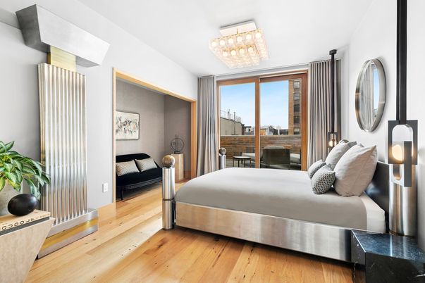 Bedroom, Chandelier, Interior, Wood Texture Flooring