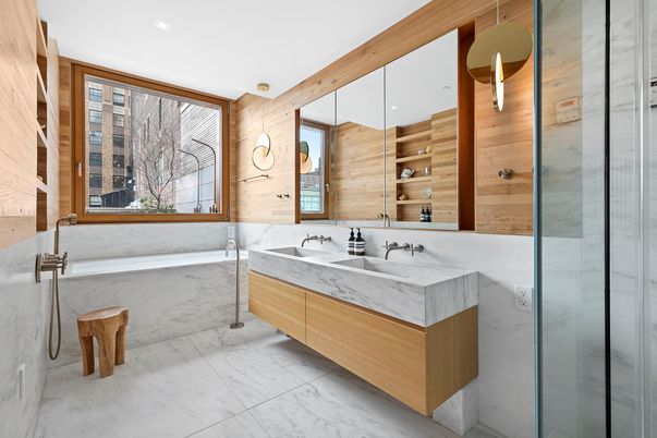 Bathroom, Dual Sink Vanities, Glass Shower, Interior, Marble, Recessed Lighting, Wooden Walls