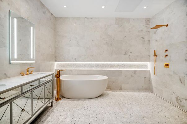Bathroom, Free Standing Baths, Interior, Marble Walls, Recessed Lighting