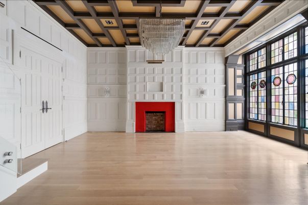 Chandelier, Empty room, Fireplace, Interior, Recessed Lighting, Wood Texture Flooring