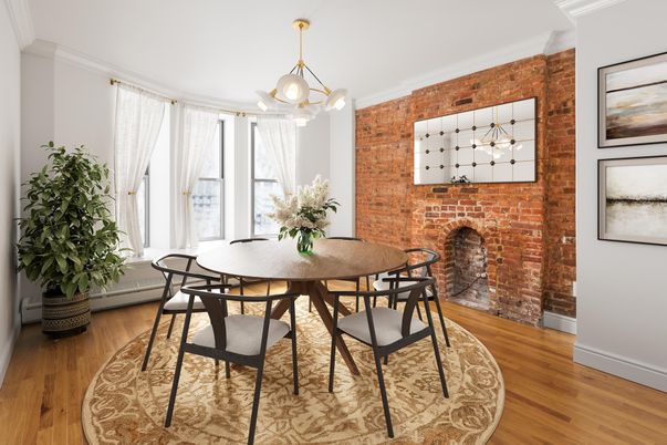 Dining room, Fireplace, Interior, Pendant Lights, Stone Walls, Wood Texture Flooring