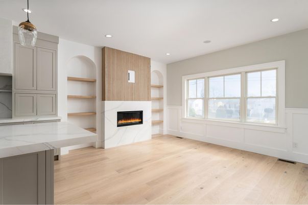 Fireplace, Interior, Pendant Lights, Recessed Lighting, Wood Texture Flooring