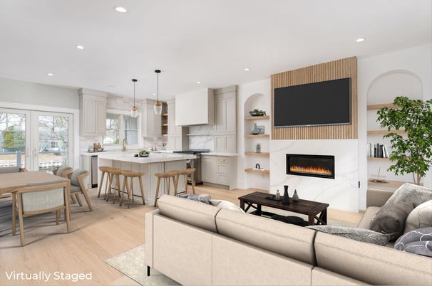 Dining room, Fireplace, Interior, Kitchen, Living room, Pendant Lights, Recessed Lighting, Wood Texture Flooring