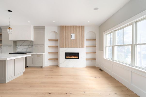 Fireplace, Interior, Kitchen, Pendant Lights, Recessed Lighting, Wood Texture Flooring