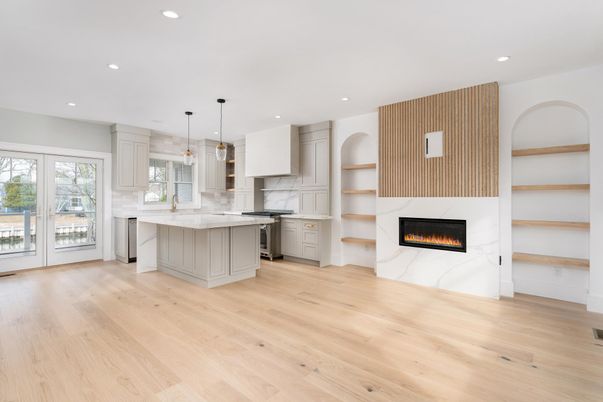 Fireplace, Interior, Kitchen, Pendant Lights, Recessed Lighting, Wood Texture Flooring