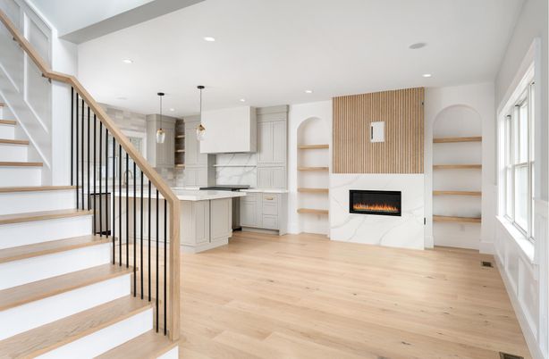 Fireplace, Interior, Kitchen, Pendant Lights, Recessed Lighting, Wood Texture Flooring