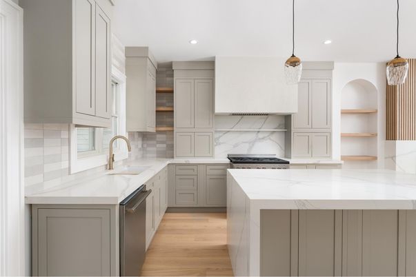 Interior, Kitchen, Marble Walls, Pendant Lights, Recessed Lighting, Stainless Steel Appliances, Wood Texture Flooring