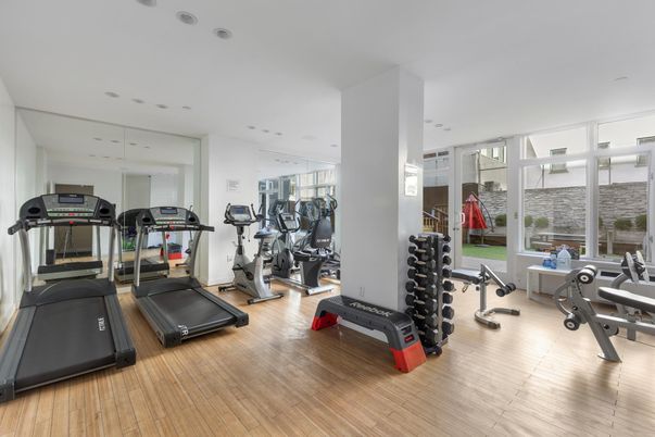 Fitness Equipment, Gym, Interior, Recessed Lighting, Wood Texture Flooring