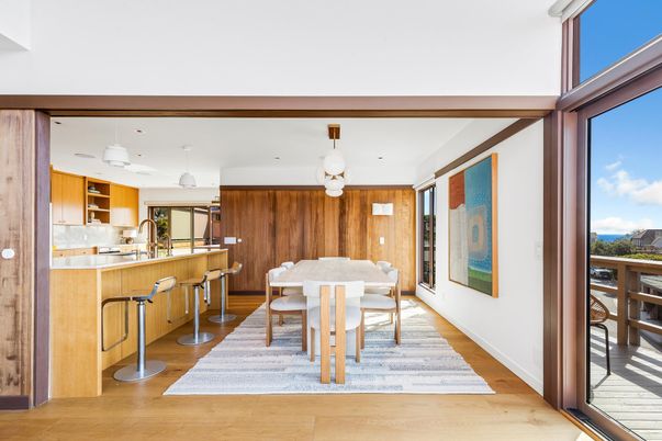 Dining room, Interior, Kitchen, Pendant Lights, Wood Texture Flooring, Wooden Walls