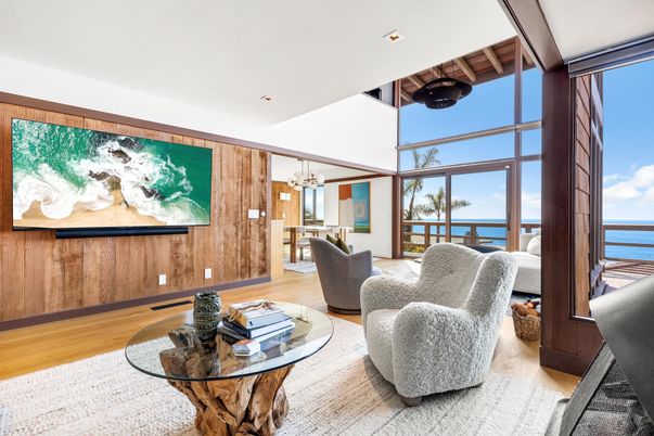 Dining room, Interior, Living room, Pendant Lights, Recessed Lighting, Water, Wood Texture Flooring, Wooden Walls