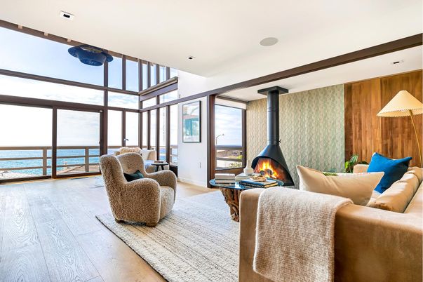 Fireplace, Interior, Living room, Recessed Lighting, Water, Wood Texture Flooring, Wooden Walls