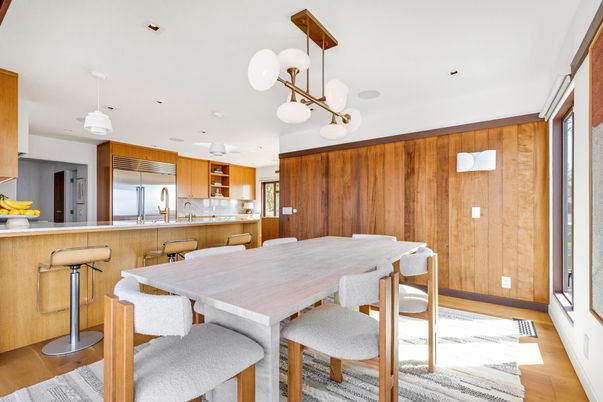 Dining room, Interior, Kitchen, Pendant Lights, Recessed Lighting, Stainless Steel Appliances, Wood Texture Flooring