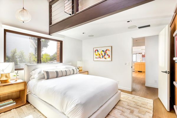 Bedroom, Interior, Pendant Lights, Wood Texture Flooring