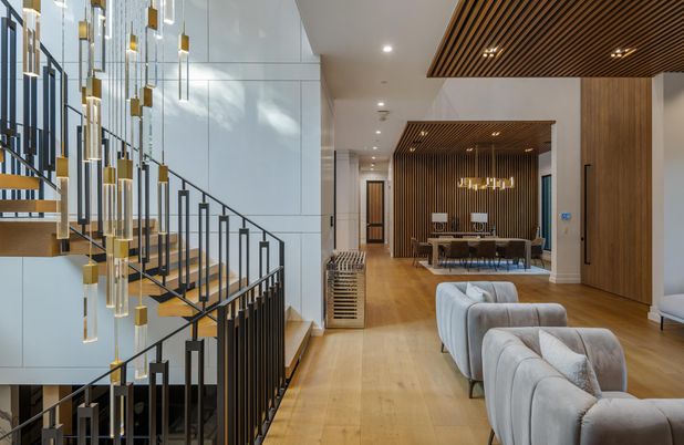 Dining room, Interior, Kitchen, Pendant Lights, Recessed Lighting, Wood Texture Flooring