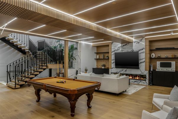 Billiard Table, Fireplace, Game Room, Interior, Living room, Marble Walls, Wood Texture Flooring