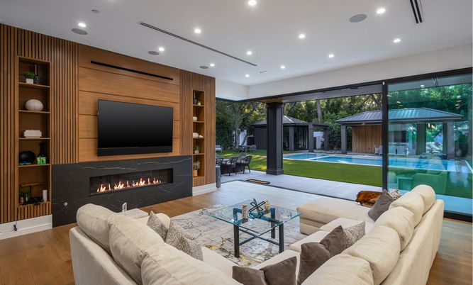 Fireplace, Interior, Living room, Recessed Lighting, Wood Texture Flooring
