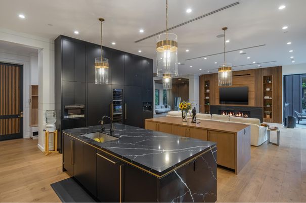 Fireplace, Interior, Kitchen, Living room, Pendant Lights, Recessed Lighting, Wood Texture Flooring