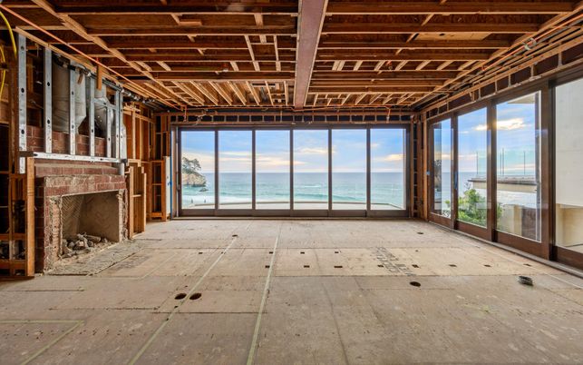 Empty room, Fireplace, Interior, Water, Wooden Beams
