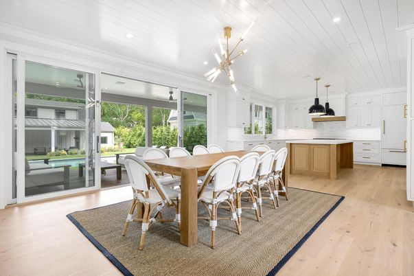 Dining room, Interior, Kitchen, Pendant Lights, Recessed Lighting, Wood Texture Flooring