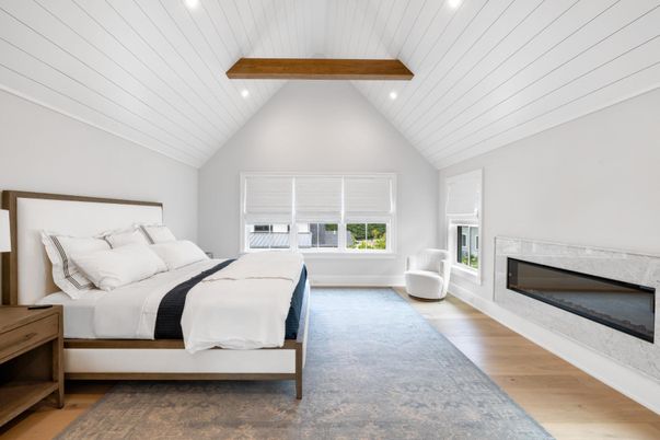 Bedroom, Fireplace, Interior, Recessed Lighting, Wooden Beams, Wood Texture Flooring