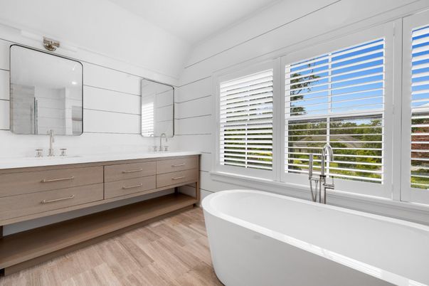Bathroom, Dual Sink Vanities, Free Standing Baths, Interior, Wood Texture Flooring
