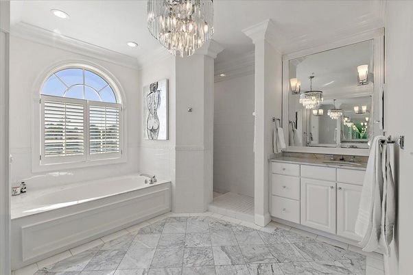 Bathroom, Chandelier, Interior, Marble, Recessed Lighting