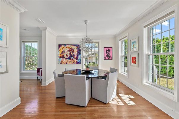 Dining room, Interior, Pendant Lights, Wood Texture Flooring