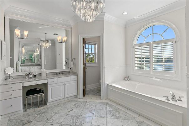 Bathroom, Chandelier, Dual Sink Vanities, Interior, Marble, Recessed Lighting