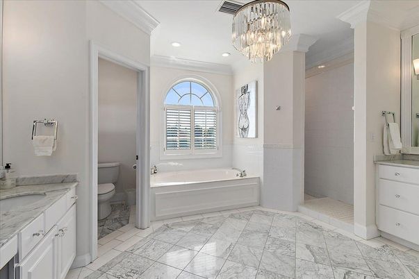 Bathroom, Chandelier, Interior, Marble, Recessed Lighting