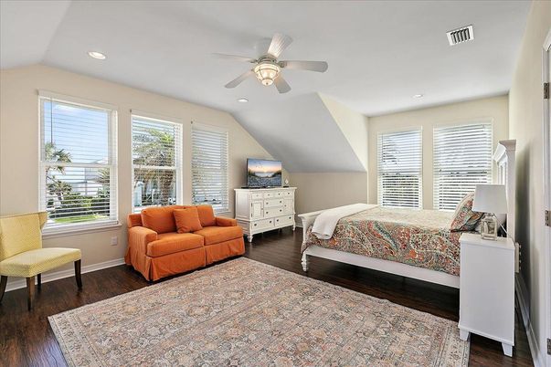 Bedroom, Interior, Recessed Lighting, Wood Texture Flooring