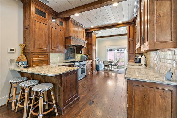 Dining room, Interior, Kitchen, Recessed Lighting, Stainless Steel Appliances, Wooden Beams, Wood Texture Flooring