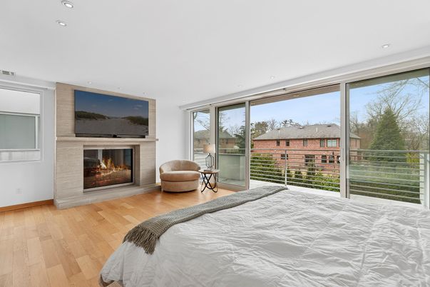 Bedroom, Fireplace, Interior, Recessed Lighting, Wood Texture Flooring