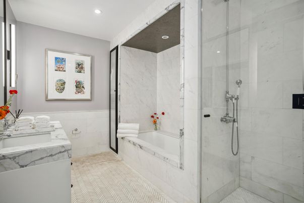 Bathroom, Glass Shower, Interior, Marble, Marble Walls, Recessed Lighting