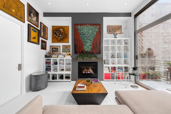 Fireplace, Interior, Living room, Recessed Lighting, Stone Walls