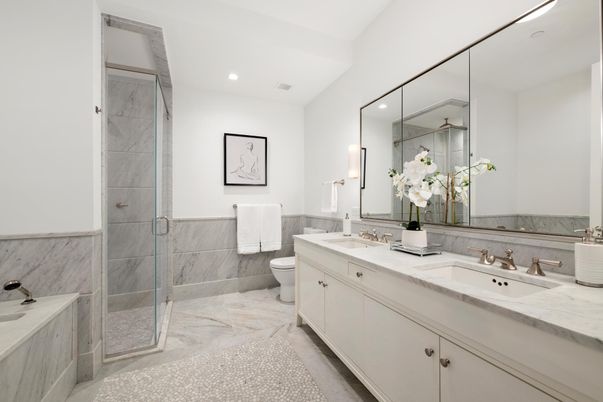 Bathroom, Dual Sink Vanities, Glass Shower, Interior, Marble, Marble Walls, Recessed Lighting