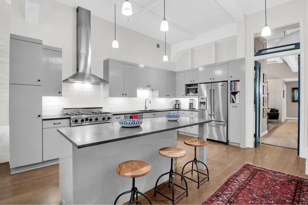 Interior, Kitchen, Pendant Lights, Stainless Steel Appliances, Wood Texture Flooring