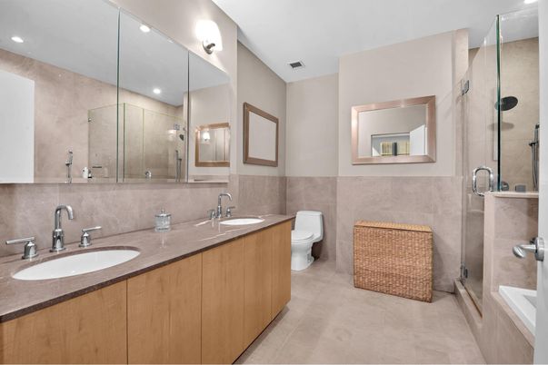 Bathroom, Dual Sink Vanities, Glass Shower, Interior, Recessed Lighting