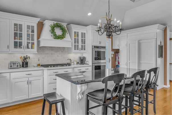 Chandelier, Interior, Kitchen, Recessed Lighting, Stainless Steel Appliances, Wood Texture Flooring