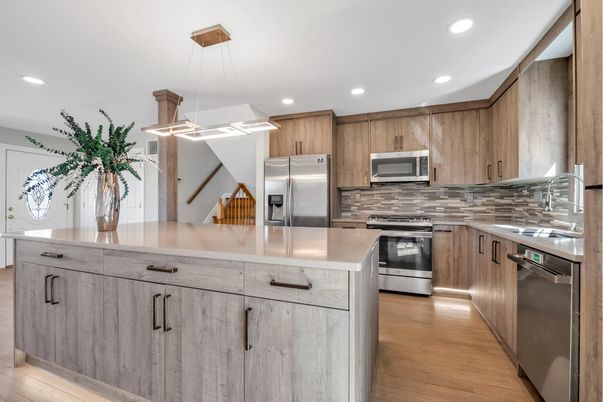 Interior, Kitchen, Pendant Lights, Recessed Lighting, Stainless Steel Appliances, Wood Texture Flooring