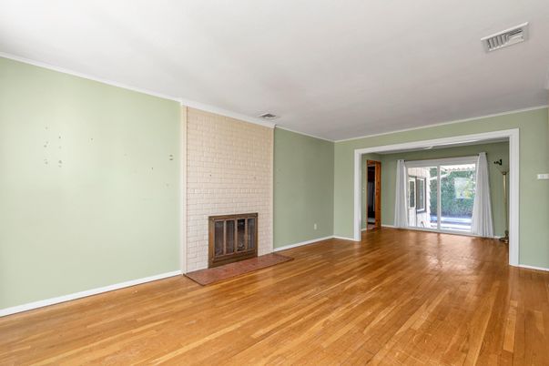 Empty room, Fireplace, Interior, Stone Walls, Wood Texture Flooring