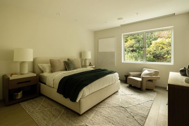 Bedroom, Interior, Recessed Lighting, Wood Texture Flooring
