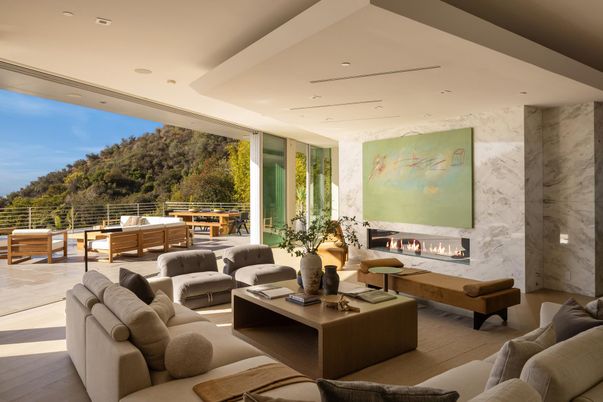Fireplace, Interior, Living room, Marble Walls, Recessed Lighting
