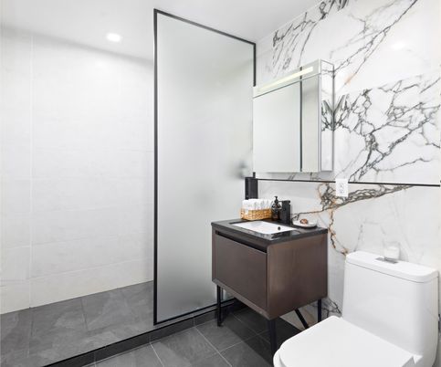 Bathroom, Interior, Marble Walls, Recessed Lighting