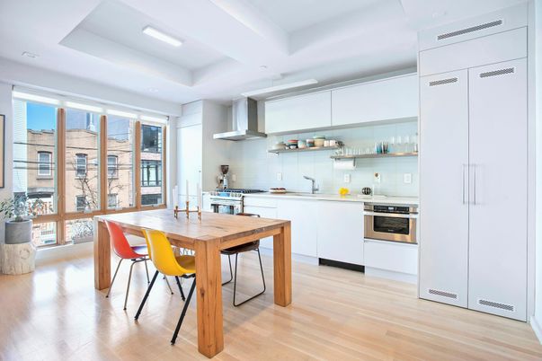 Dining room, Interior, Kitchen, Recessed Lighting, Stainless Steel Appliances, Wood Texture Flooring